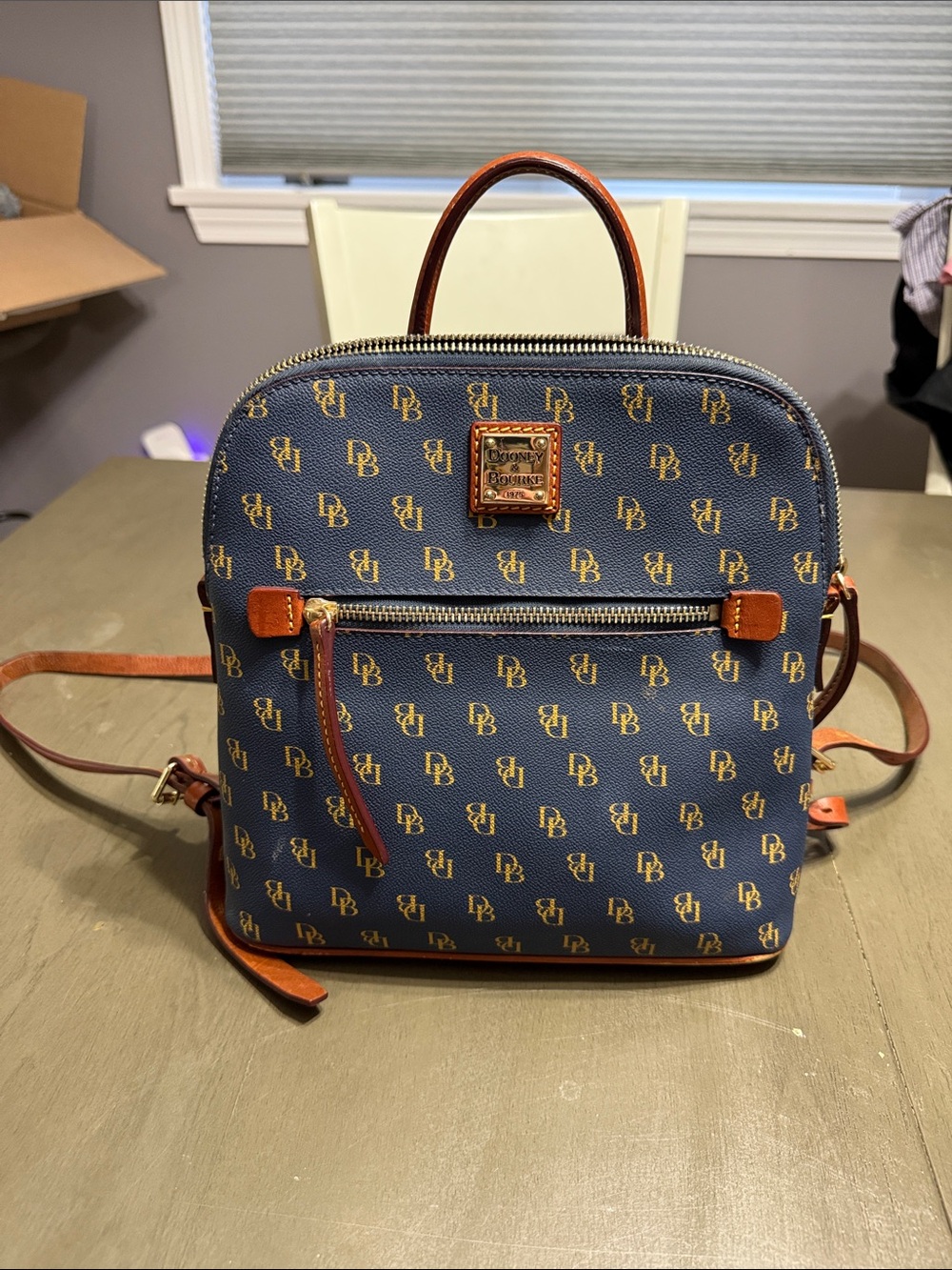 Dooney & Bourke Navy Logo Canvas Mini Backpack with Tan Leather Trim